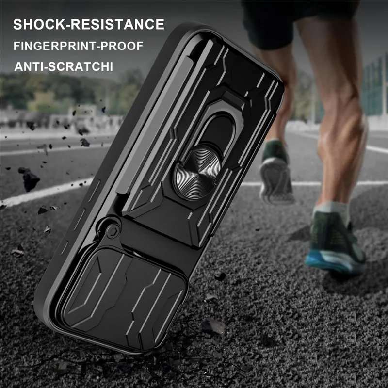 For iPhone 17 Pro Case PC + TPU Kickstand Phone Back Cover with Camera Slider - Black