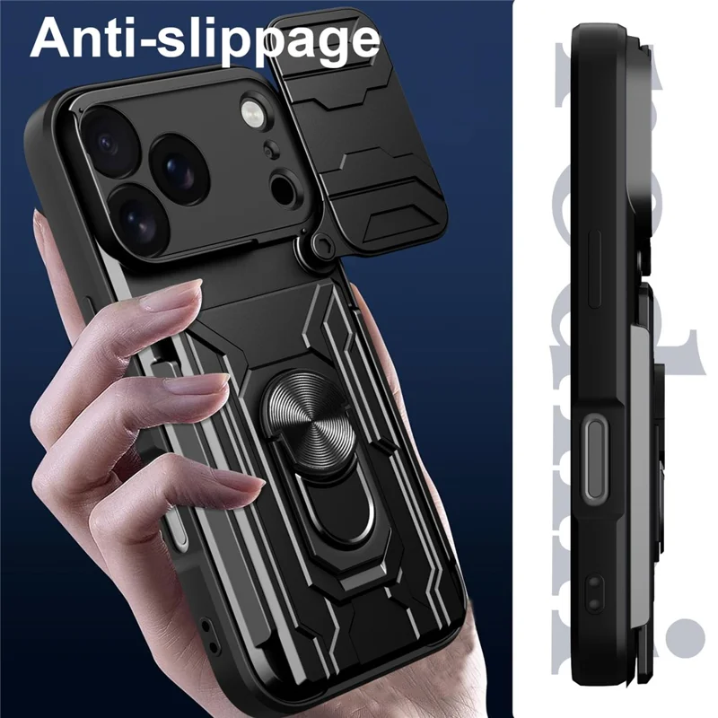 For iPhone 17 Pro Case PC + TPU Kickstand Phone Back Cover with Camera Slider - Black