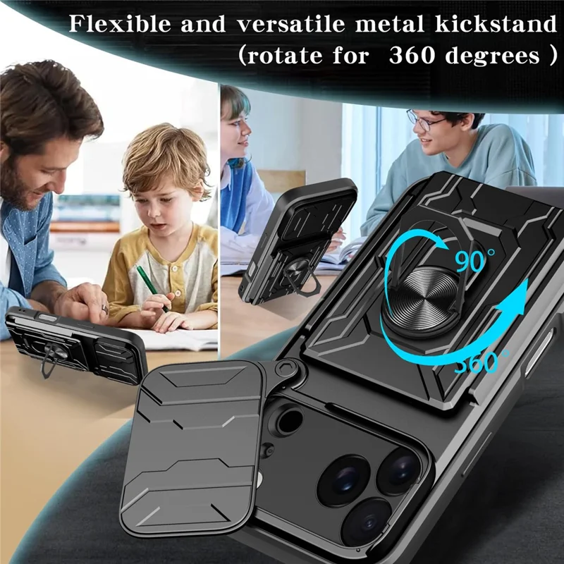 For iPhone 17 Pro Case PC + TPU Kickstand Phone Back Cover with Camera Slider - Black