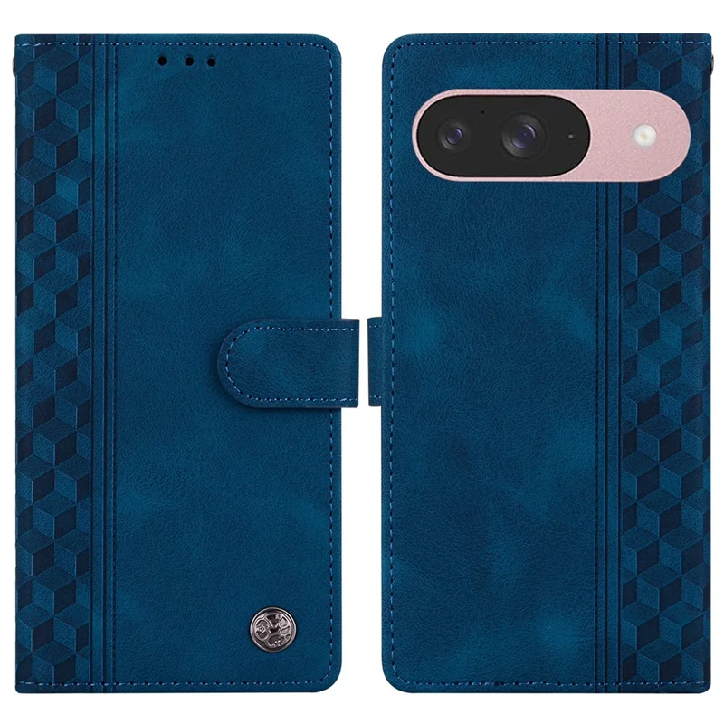 For Google Pixel 9 Pro  /  Pixel 9 Leather Case Imprinted Checkered Pattern Wallet Stand Flip Phone Cover - Blue