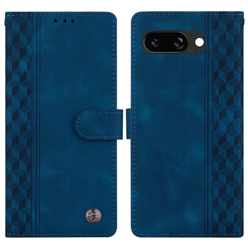 For Google Pixel 9a Leather Case Imprinted Checkered Pattern Wallet Stand Flip Phone Cover - Blue