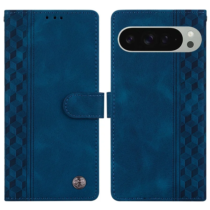 For Google Pixel 9 Pro XL Leather Case Imprinted Checkered Pattern Wallet Stand Flip Phone Cover - Blue