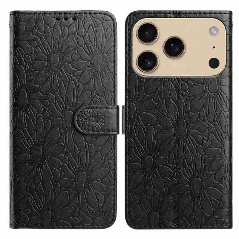 Leer hoesje voor iPhone 17 Pro Max met madeliefjesprint, portemonnee, standaard, beschermmantel - Zwart