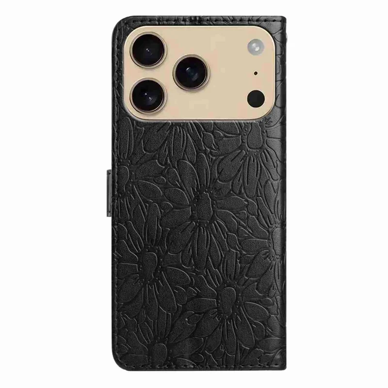 Leer hoesje voor iPhone 17 Pro Max met madeliefjesprint, portemonnee, standaard, beschermmantel - Zwart