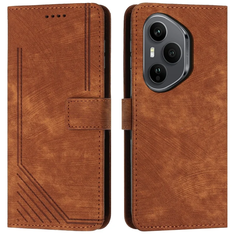 Stand Case for Honor 400 Pro 5G (Global) Imprinted Lines Leather Phone Cover - Brown