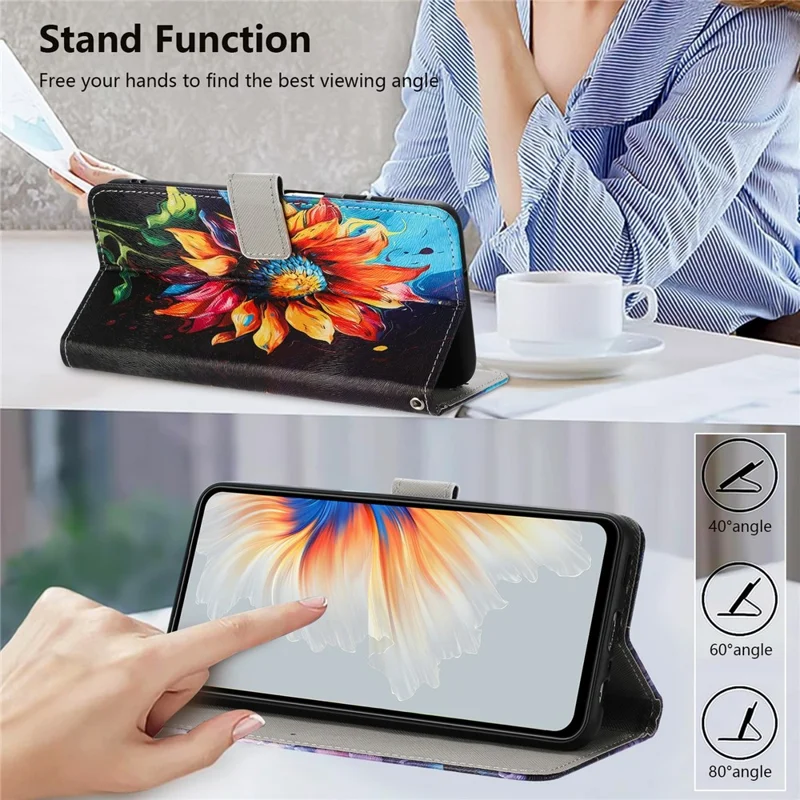 Wallet Case for Honor 400 5G (Global) Pattern Printing PU Leather Phone Cover with Lanyard - Sunflower
