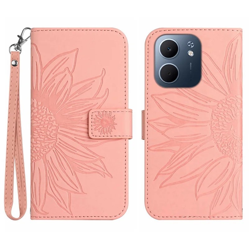 For Oppo A5x 5G  /  4G Case Sunflower Imprint Leather Wallet Phone Cover with Wrist Strap - Pink