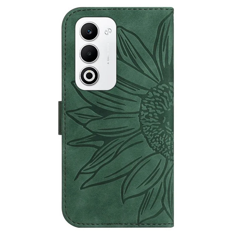 Чехол для Oppo A5 5G с отпечатком подсолнуха, кожаный кошелек с ремешком на запястье - Темно-зеленый