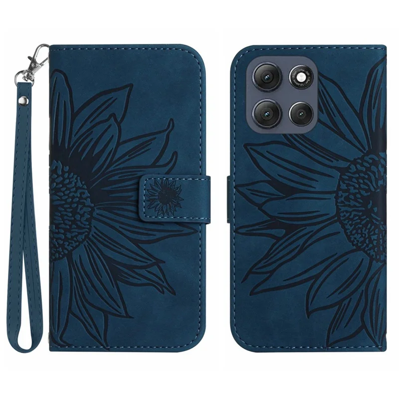 Für Motorola Moto G86 5G Hülle Sonnenblumen-Prägung Leder Brieftasche Handyhülle mit Handgelenkschlaufe - Dunkelblau