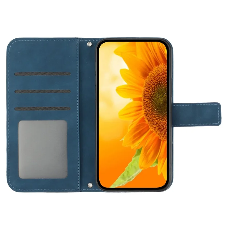 Für Motorola Moto G86 5G Hülle Sonnenblumen-Prägung Leder Brieftasche Handyhülle mit Handgelenkschlaufe - Dunkelblau