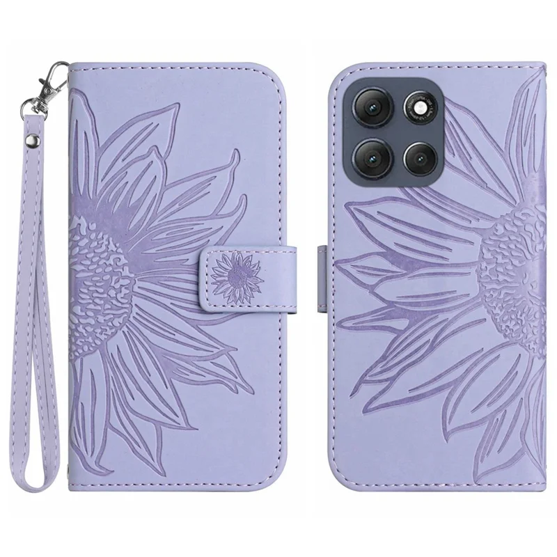 Für Motorola Moto G56 5G Hülle Sonnenblume Prägung Leder Geldbörse Handyhülle mit Handgelenkschlaufe - Hellviolett