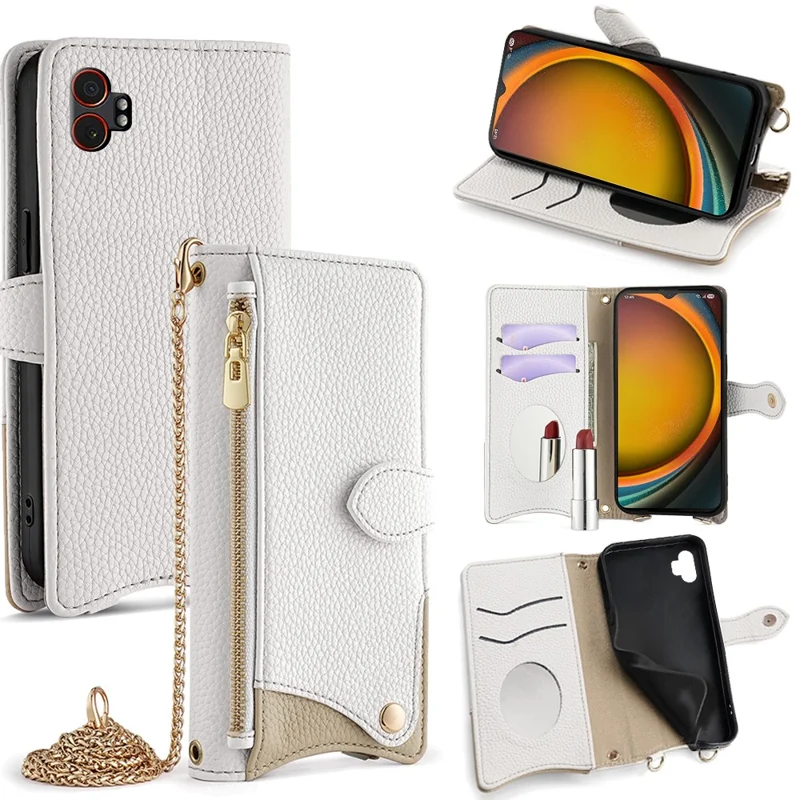 For Samsung Galaxy XCover7 Pro Leather Case Wallet Stand Cover Irregular Tail Style with Chain Strap - White