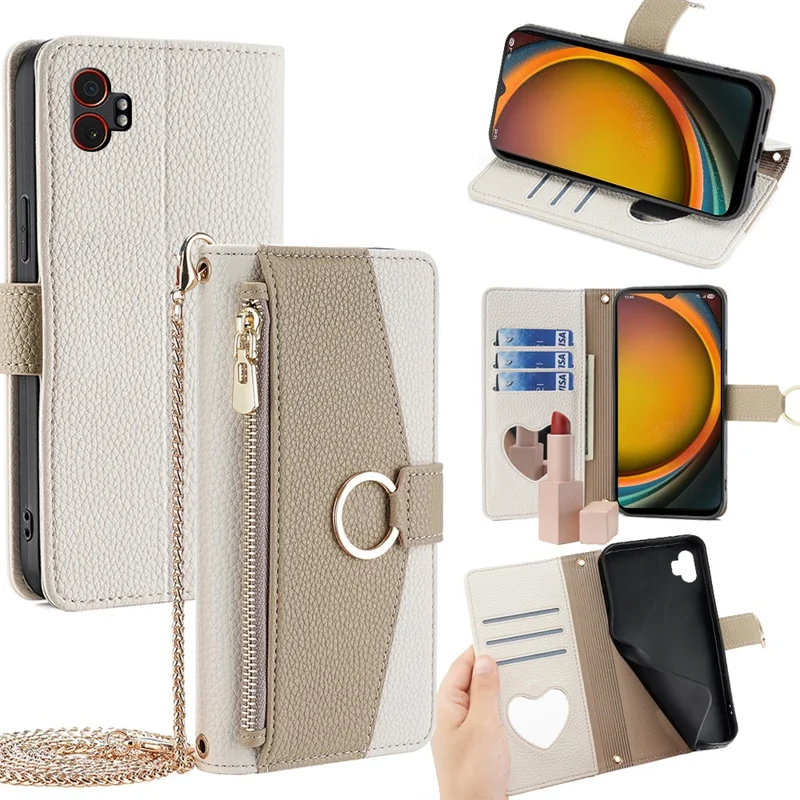 Étui Samsung Galaxy XCover7 Pro Portefeuille Miroir en Cuir avec Chaîne et Bandoulière - Blanc
