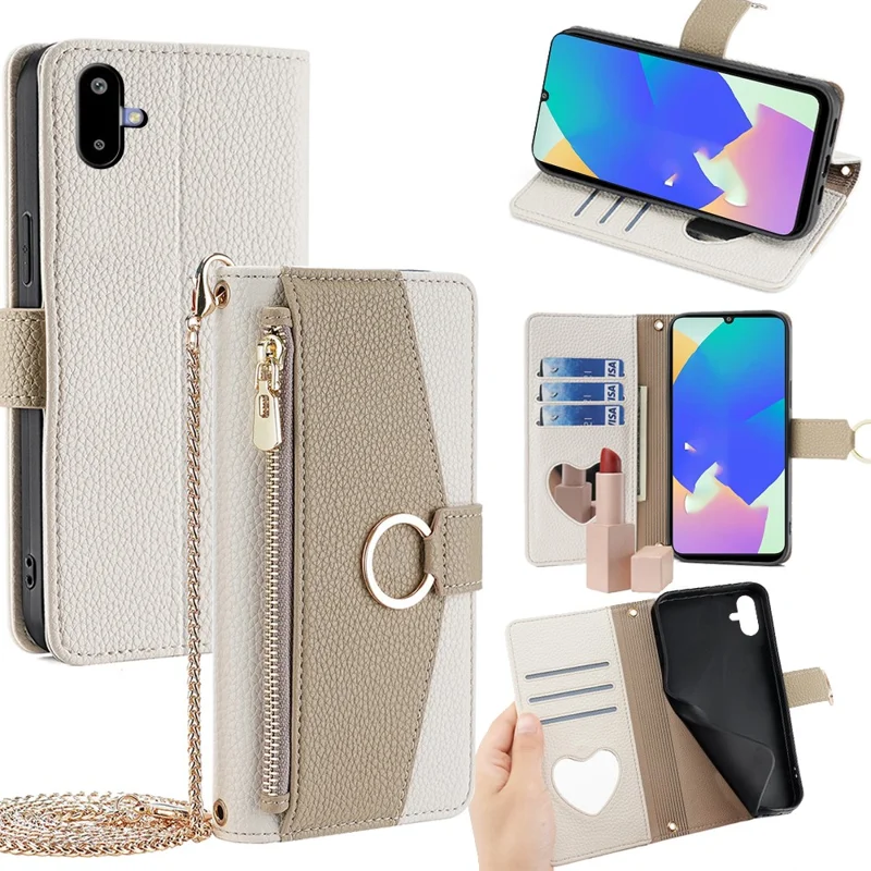 Cover a portafoglio con specchio per Samsung Galaxy F06 5G con catena e cinghia a tracolla - Bianco