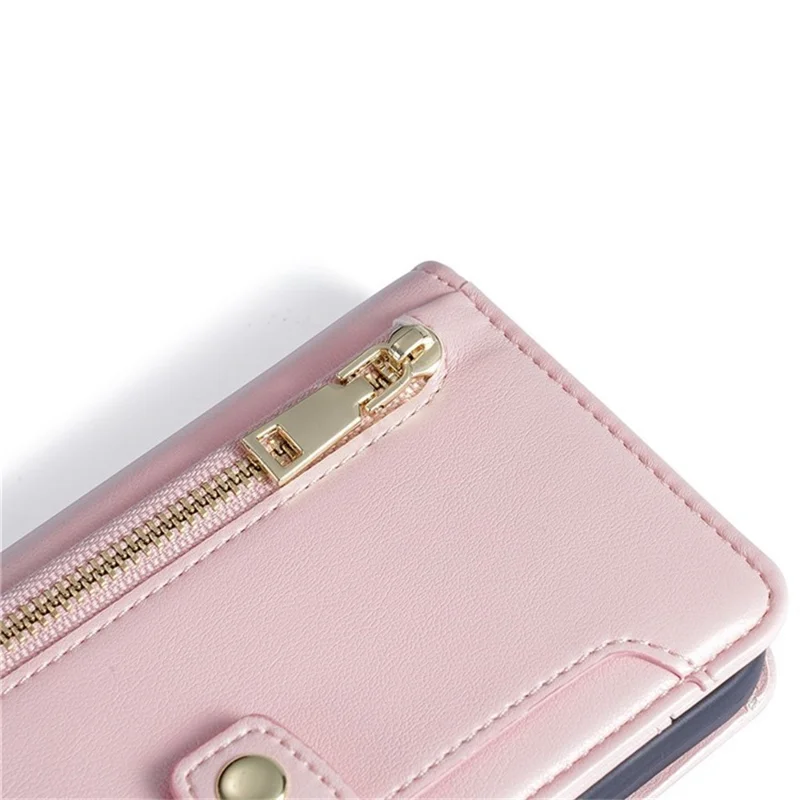 Voor Xiaomi Redmi Note 14S 4G Leren Hoesje met Ritsvak Portemonnee Telefoonhoes met 2 Riemen - Roze