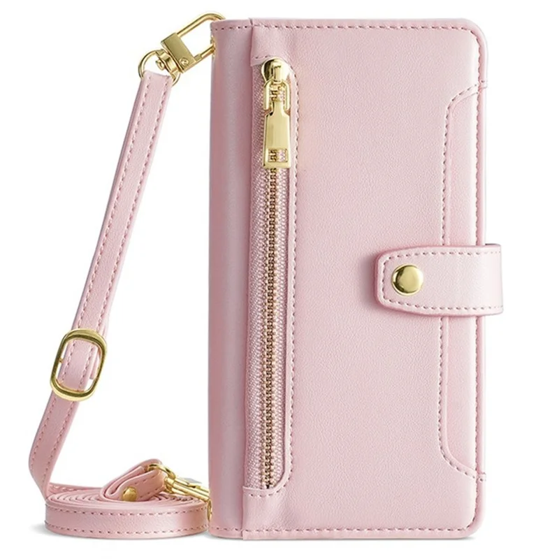Voor Xiaomi Redmi Note 14S 4G Leren Hoesje met Ritsvak Portemonnee Telefoonhoes met 2 Riemen - Roze