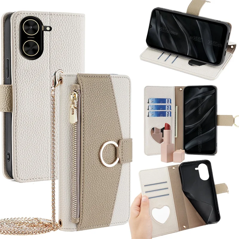 Capa para Xiaomi Redmi A5 4G (171,7mm) Carteira Espelhada em Couro com Alça de Ombro - Branco
