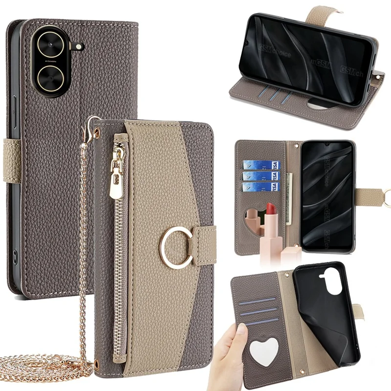 For Xiaomi Redmi A5 4G (171.7mm) Case Mirror Wallet Leather Phone Cover with Chain Shoulder Strap - Grey