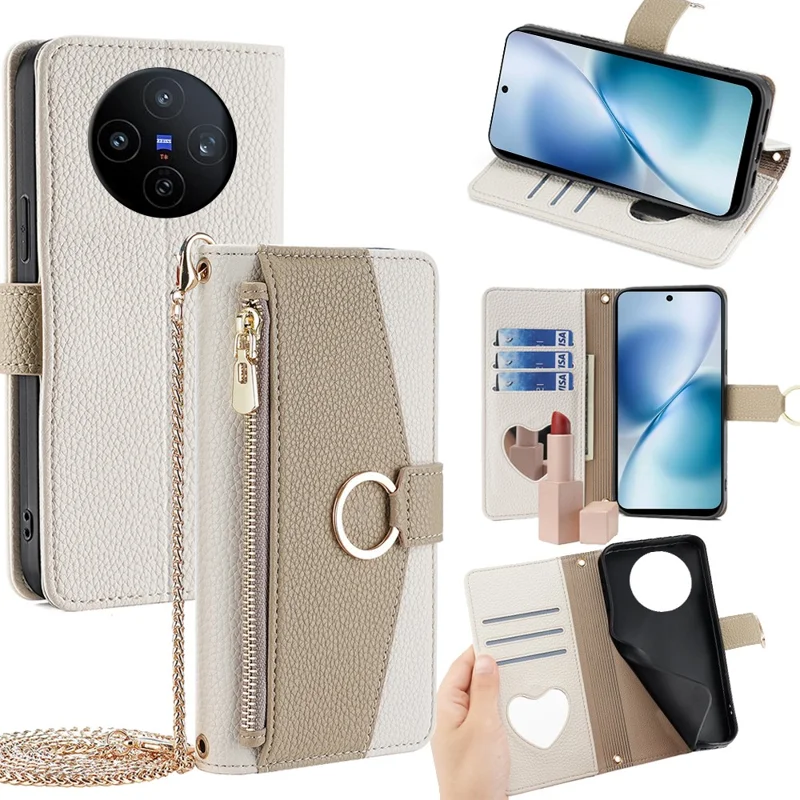Étui pour vivo X200s 5G Miroir Portefeuille en Cuir avec Chaîne et Bandoulière - Blanc