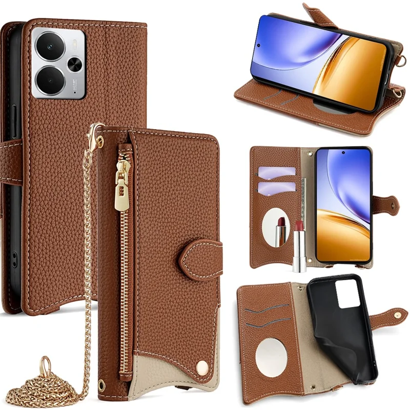 For Realme 14 5G Leather Case Wallet Stand Cover Irregular Tail Style with Chain Strap - Brown
