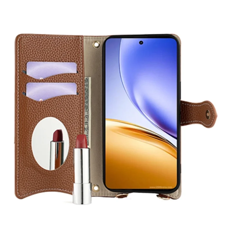 For Realme 14 5G Leather Case Wallet Stand Cover Irregular Tail Style with Chain Strap - Brown