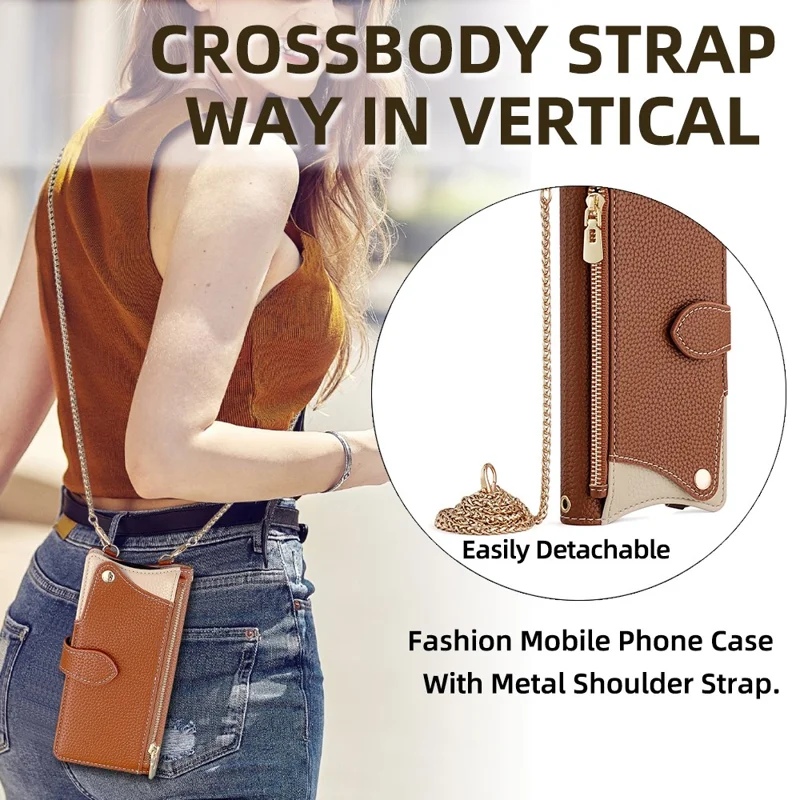 For Realme 14 5G Leather Case Wallet Stand Cover Irregular Tail Style with Chain Strap - Brown