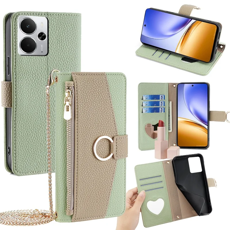 Étui Portefeuille à Miroir pour Realme 14 5G avec Bandoulière - Vert