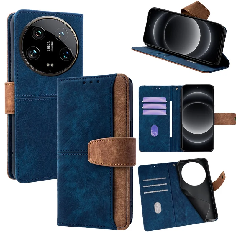 Capa para Xiaomi 14 Ultra com Bloqueio RFID, Couro PU com Emendas de Cor, Carteira para Celular - Azul