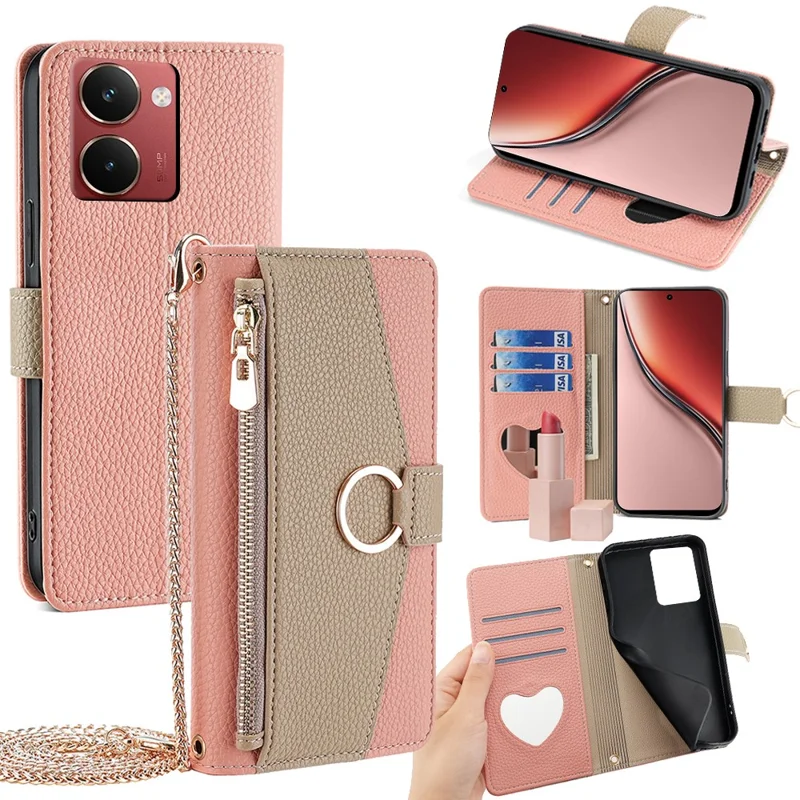 For Realme P3 Ultra 5G Case Mirror Wallet Leather Phone Cover with Chain Shoulder Strap - Pink