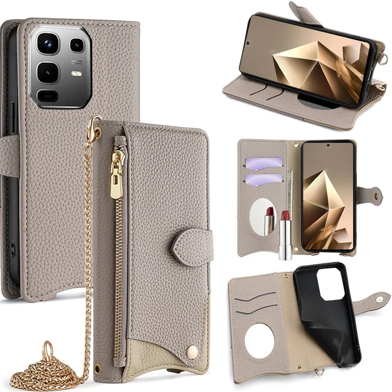 For Infinix Note 50 4G Leather Case Wallet Stand Cover Irregular Tail Style with Chain Strap - Grey