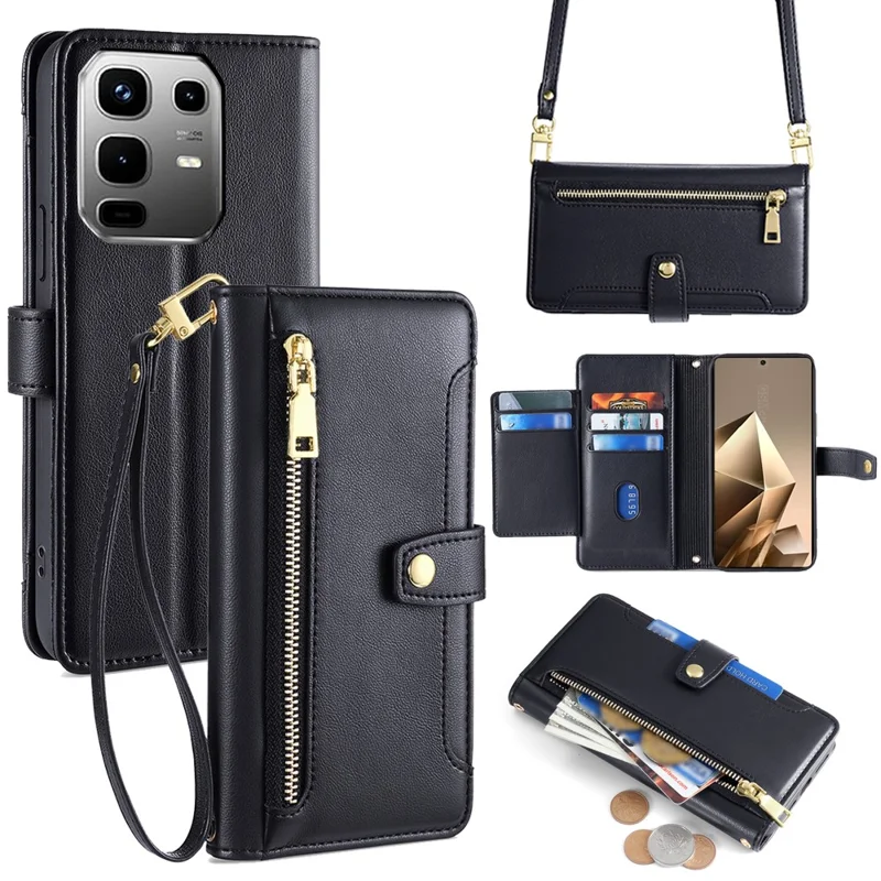 For Infinix Note 50 4G Leather Case Zipper Pocket Wallet Phone Cover with 2 Straps - Black