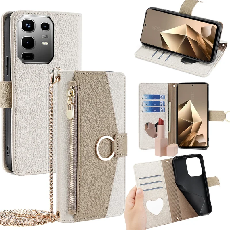 For Infinix Note 50 4G Case Mirror Wallet Leather Phone Cover with Chain Shoulder Strap - White