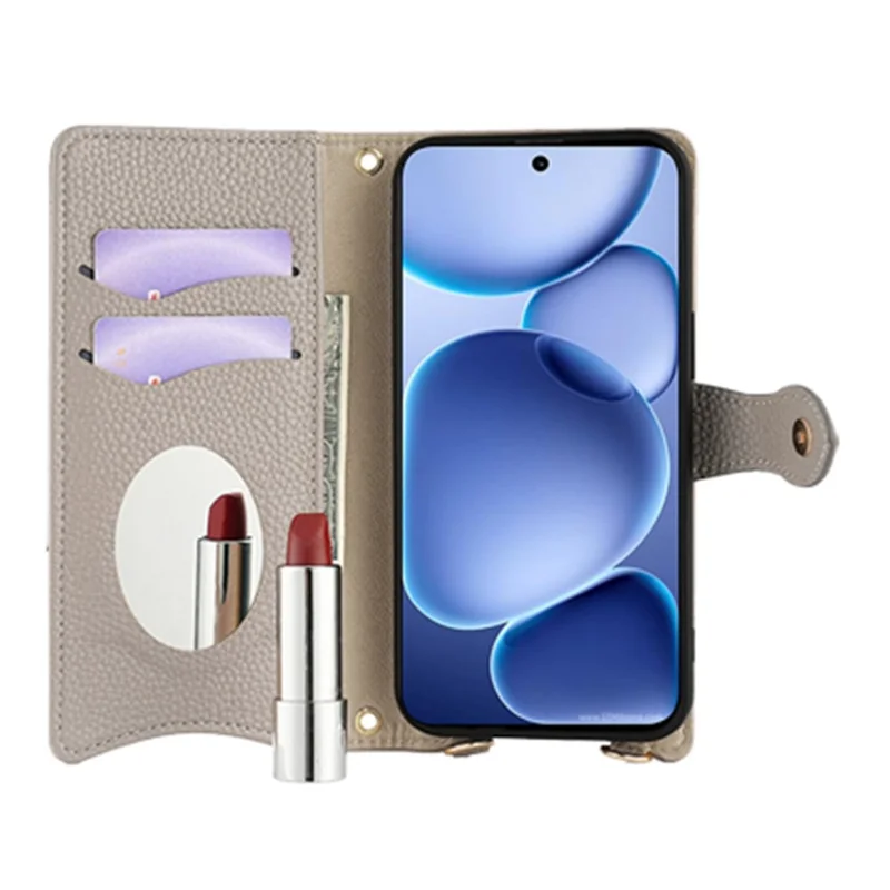 Etui skórzane z portfelem i podstawką dla Oppo Find X8s 5G, nieregularny kształt ogona z przyczepionym łańcuszkiem – szary