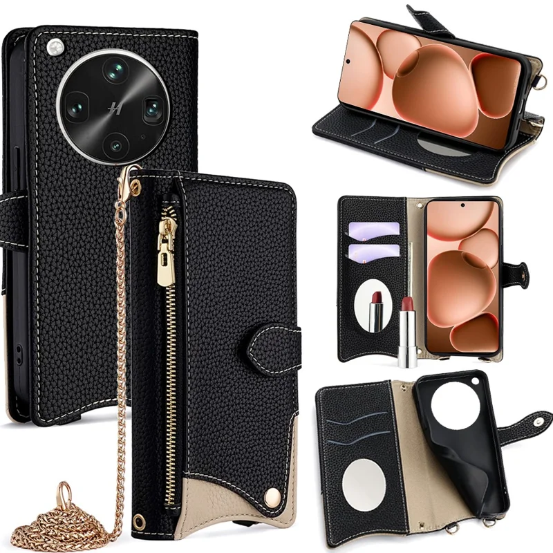 For Oppo Find X8 Ultra 5G Leather Case Wallet Stand Cover Irregular Tail Style with Chain Strap - Black