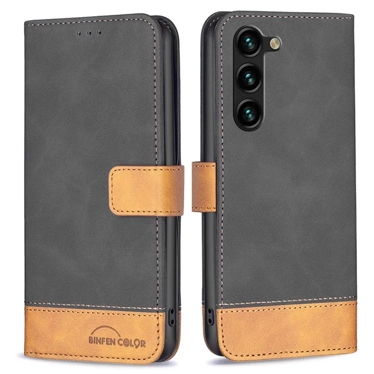 BINFEN COLOR for Samsung Galaxy S23+ Case Color Splicing Skin Touch Leather Phone Cover Wallet Stand - Black