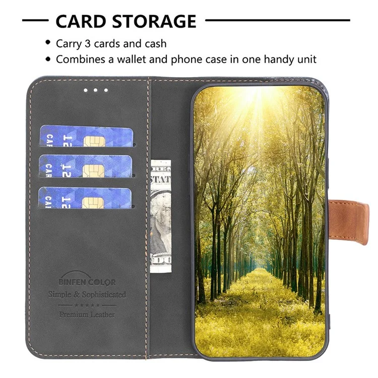 BINFEN COLOR for Samsung Galaxy S23+ Case Color Splicing Skin Touch Leather Phone Cover Wallet Stand - Black
