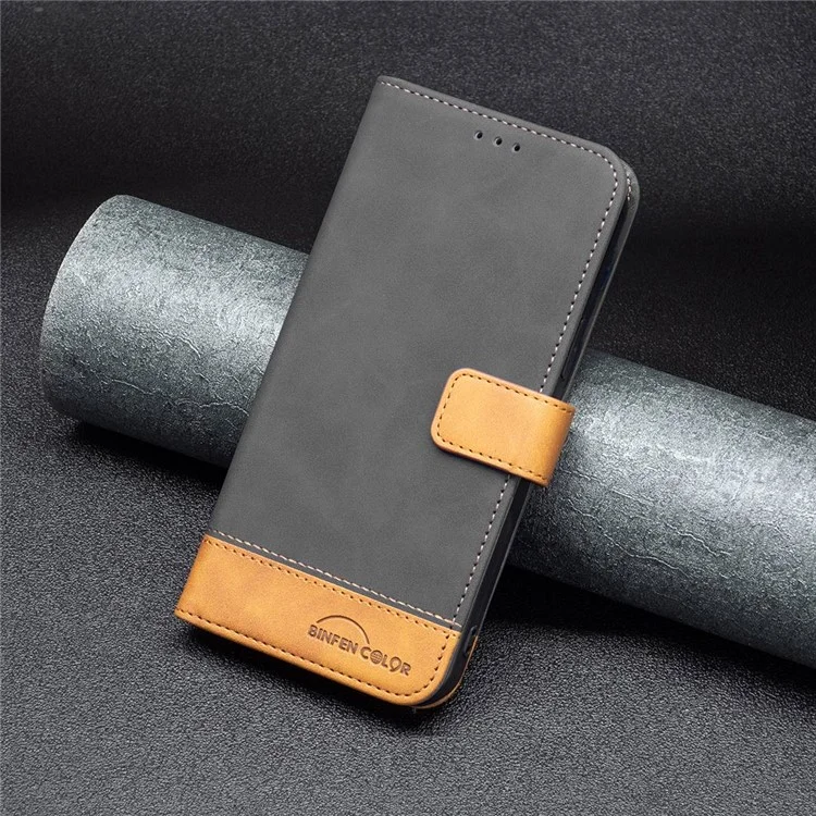 BINFEN COLOR for Samsung Galaxy S23+ Case Color Splicing Skin Touch Leather Phone Cover Wallet Stand - Black