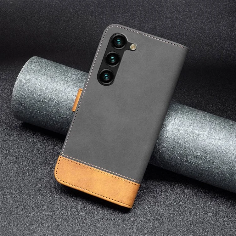 BINFEN COLOR for Samsung Galaxy S23+ Case Color Splicing Skin Touch Leather Phone Cover Wallet Stand - Black