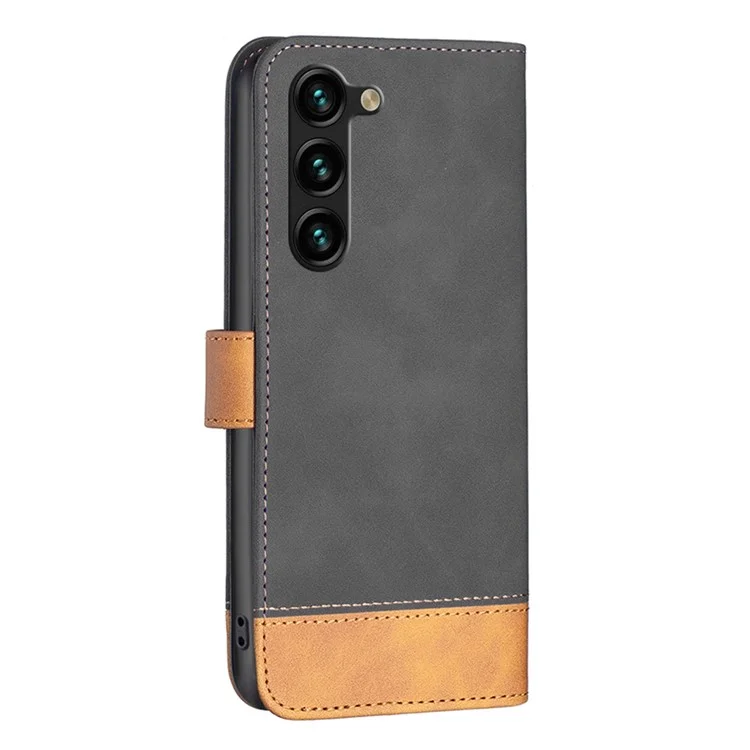 BINFEN COLOR for Samsung Galaxy S23+ Case Color Splicing Skin Touch Leather Phone Cover Wallet Stand - Black