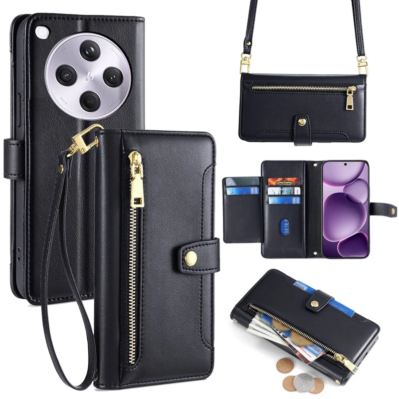 For Oppo Find X8s+ 5G Leather Case Zipper Pocket Wallet Phone Cover with 2 Straps - Black