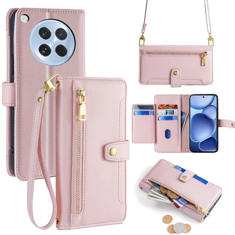 Funda de piel para Oppo Find X8s 5G con bolsillo con cremallera y tapa, con 2 correas - Rosa