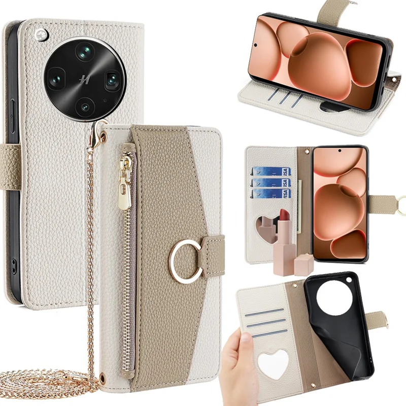 Funda de Oppo Find X8 Ultra 5G con Espejo de Cartera, Cuero y Correa de Hombro - Blanco