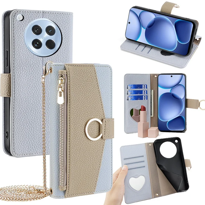 Funda tipo cartera con espejo para Oppo Find X8s 5G con cadena y correa para el hombro - Azul