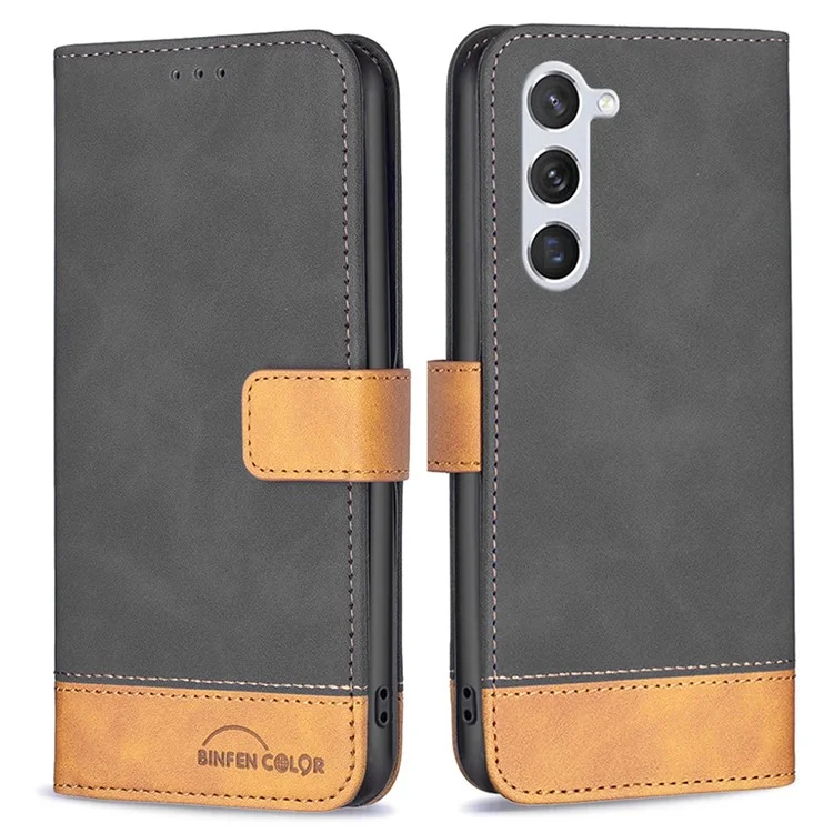 BINFEN COLOR for Samsung Galaxy S23 Case Color Splicing Skin Touch Leather Phone Cover Wallet Stand - Black