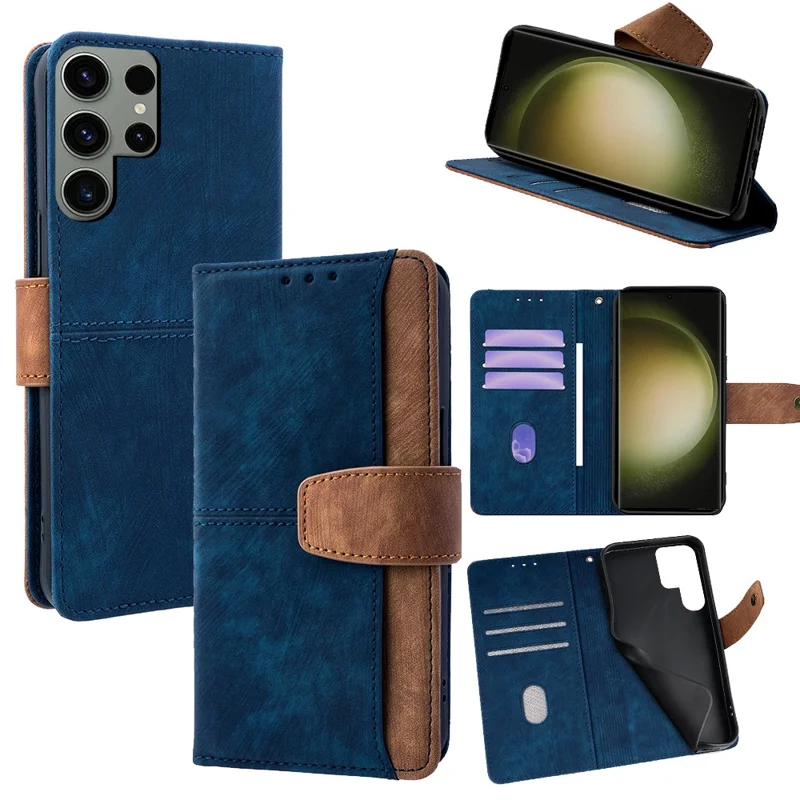 For Samsung Galaxy S23 Ultra Case RFID Blocking Color Splicing PU Leather Wallet Phone Cover - Blue