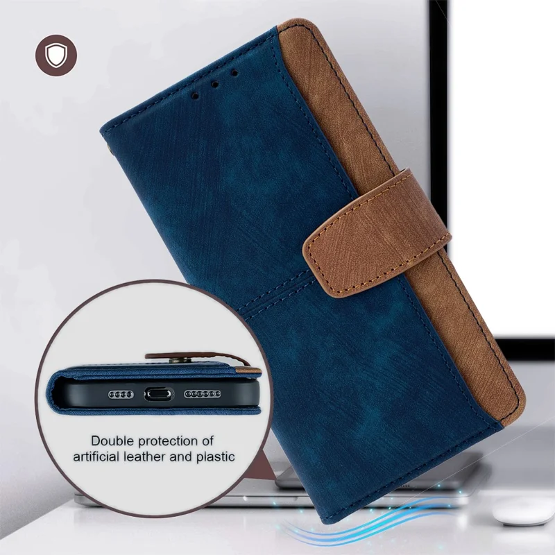 For Samsung Galaxy S23 Ultra Case RFID Blocking Color Splicing PU Leather Wallet Phone Cover - Blue