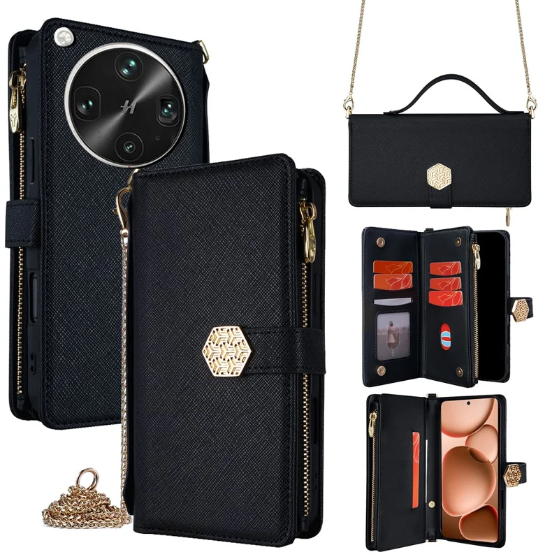 For Oppo Find X8 Ultra 5G Case Cross Texture PU Leather + TPU Wallet Phone Cover with Strap - Black