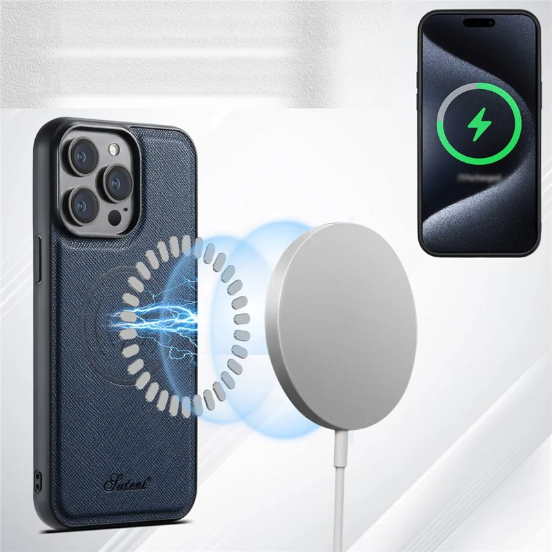 SUTENI H18 For iPhone 15 Pro Magnetic Case Cross Texture Leather + TPU Cover with Detachable Card Bag - Blue