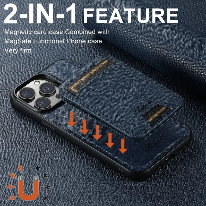 SUTENI H18 For iPhone 15 Pro Magnetic Case Cross Texture Leather + TPU Cover with Detachable Card Bag - Blue