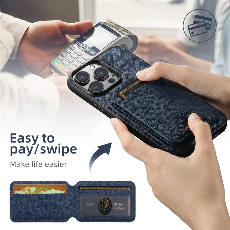 SUTENI H18 For iPhone 15 Pro Magnetic Case Cross Texture Leather + TPU Cover with Detachable Card Bag - Blue